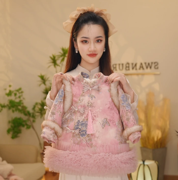 【Y.a6589】新款冬季女童国风保暖公主裙女童洋气网纱裙摆连衣裙