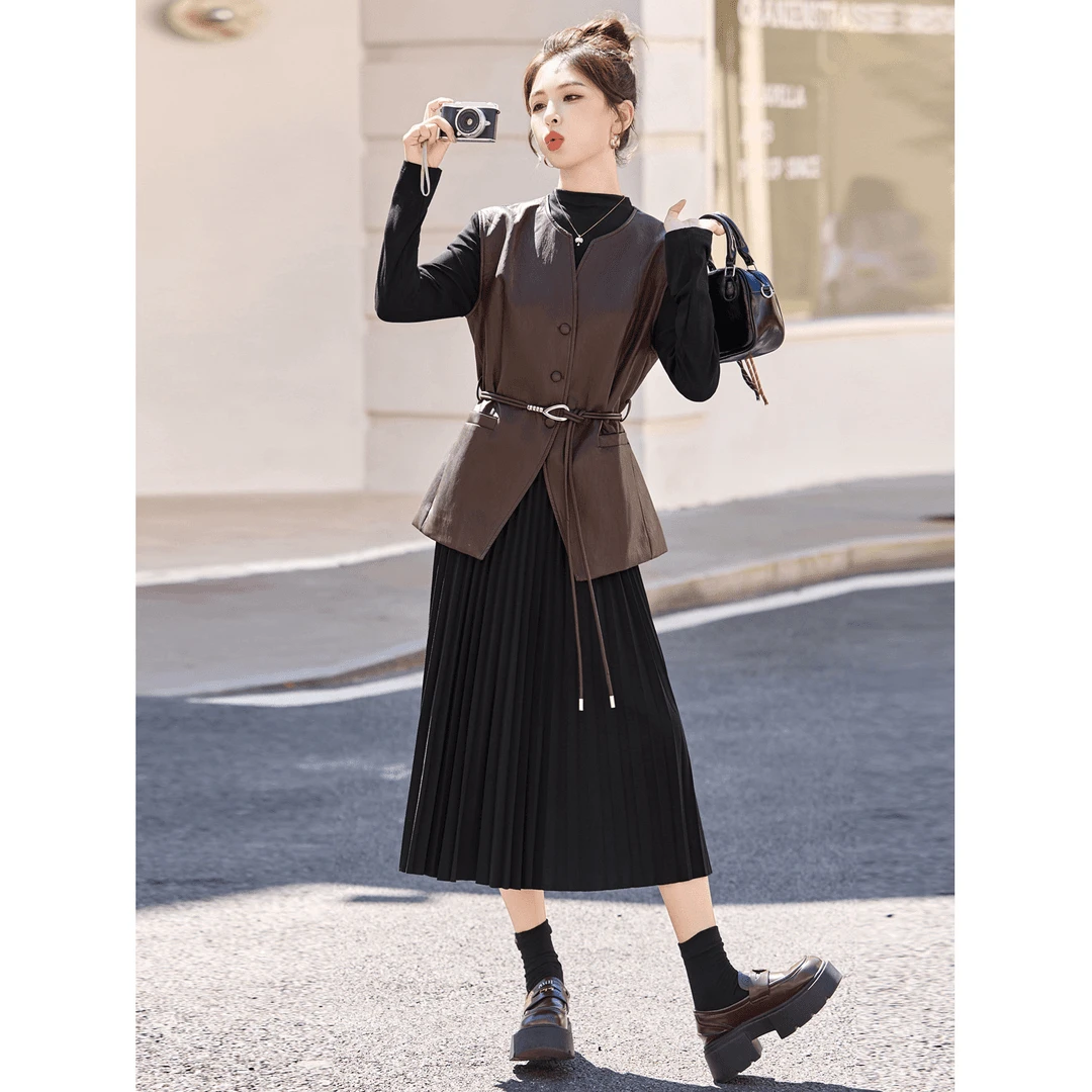 时尚百褶裙套装女2025秋冬新款宽松休闲皮上衣中长款连衣裙两件套