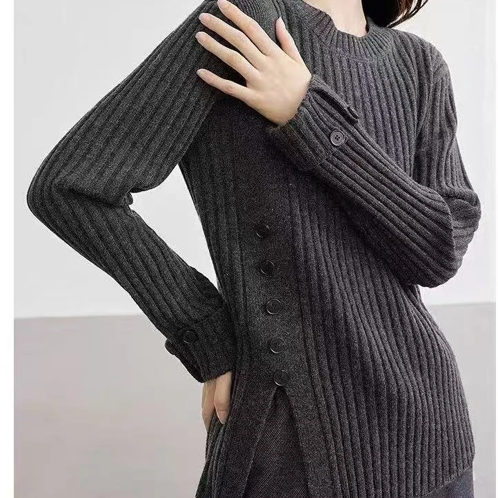 韩版不规则下摆百搭圆领套头毛衣女设计感慵懒风显瘦打底衫