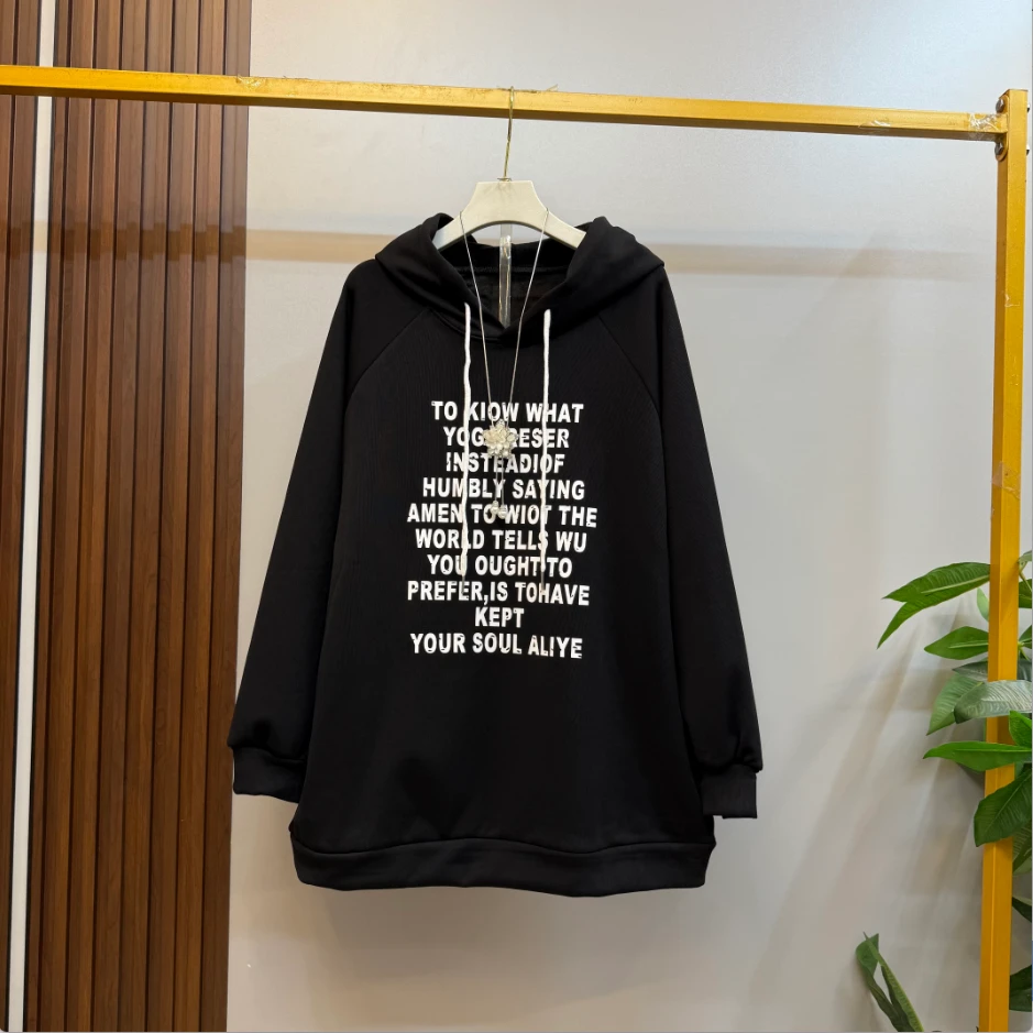 胖妹妹韩系秋冬新款时尚休闲宽松百搭简约字母图案薄绒连帽卫衣