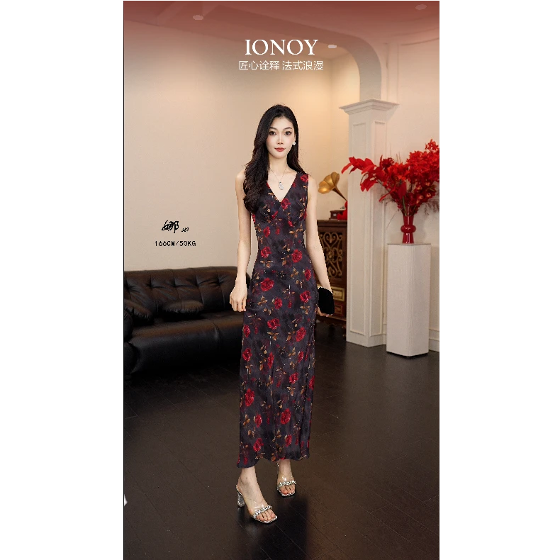 IONOYG148连衣裙显瘦复古无袖法式浪漫修身气质时尚夏季