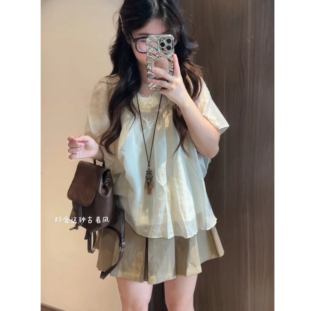 古着vintage套装 复古甜美淑女上衣+短裙两件套日系小个子2025夏