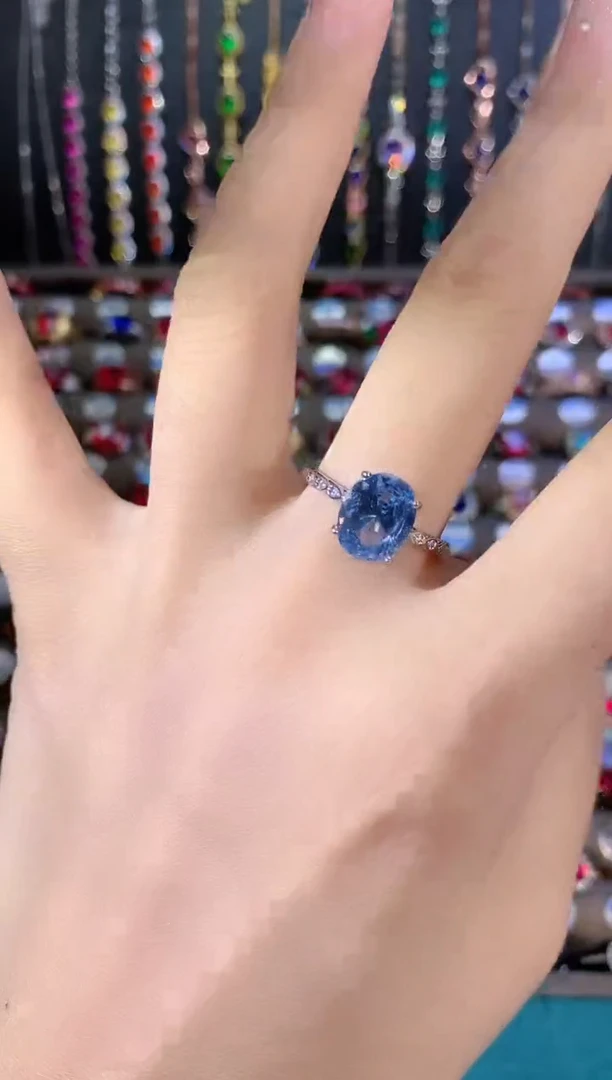 银S925镶嵌戒圈海蓝宝石810银色