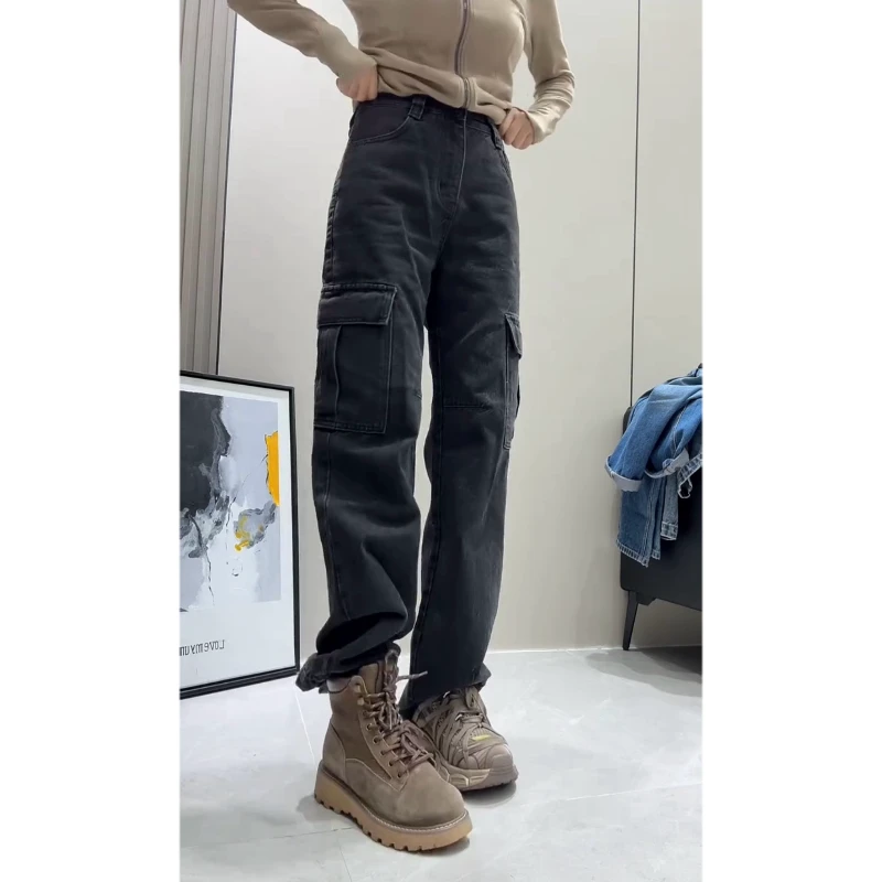 2025年早秋新款高腰窄版工装牛仔裤子女时尚百搭宽松显瘦拖地长裤