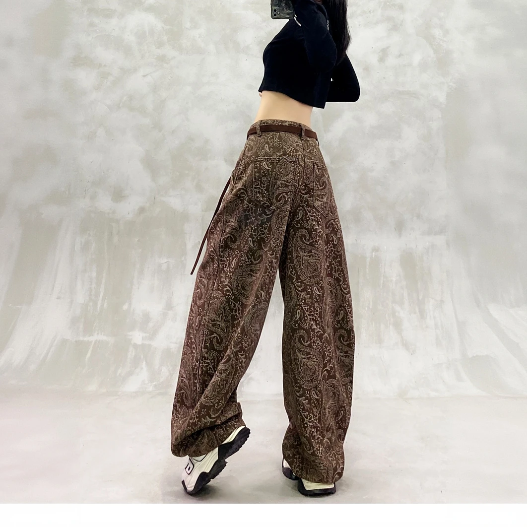 秋季慵懒风高腰宽松显瘦直筒香蕉裤咖色腰果提花休闲弯刀牛仔裤女