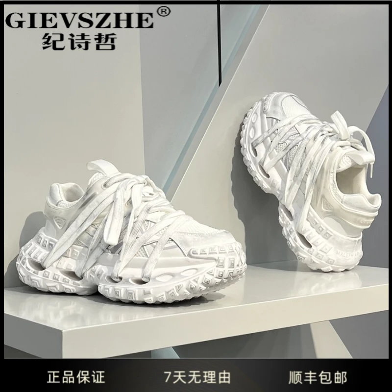 纪诗哲轻奢鞋子复古做旧老爹鞋冬季新款绑带轮胎鞋厚底增高休闲鞋