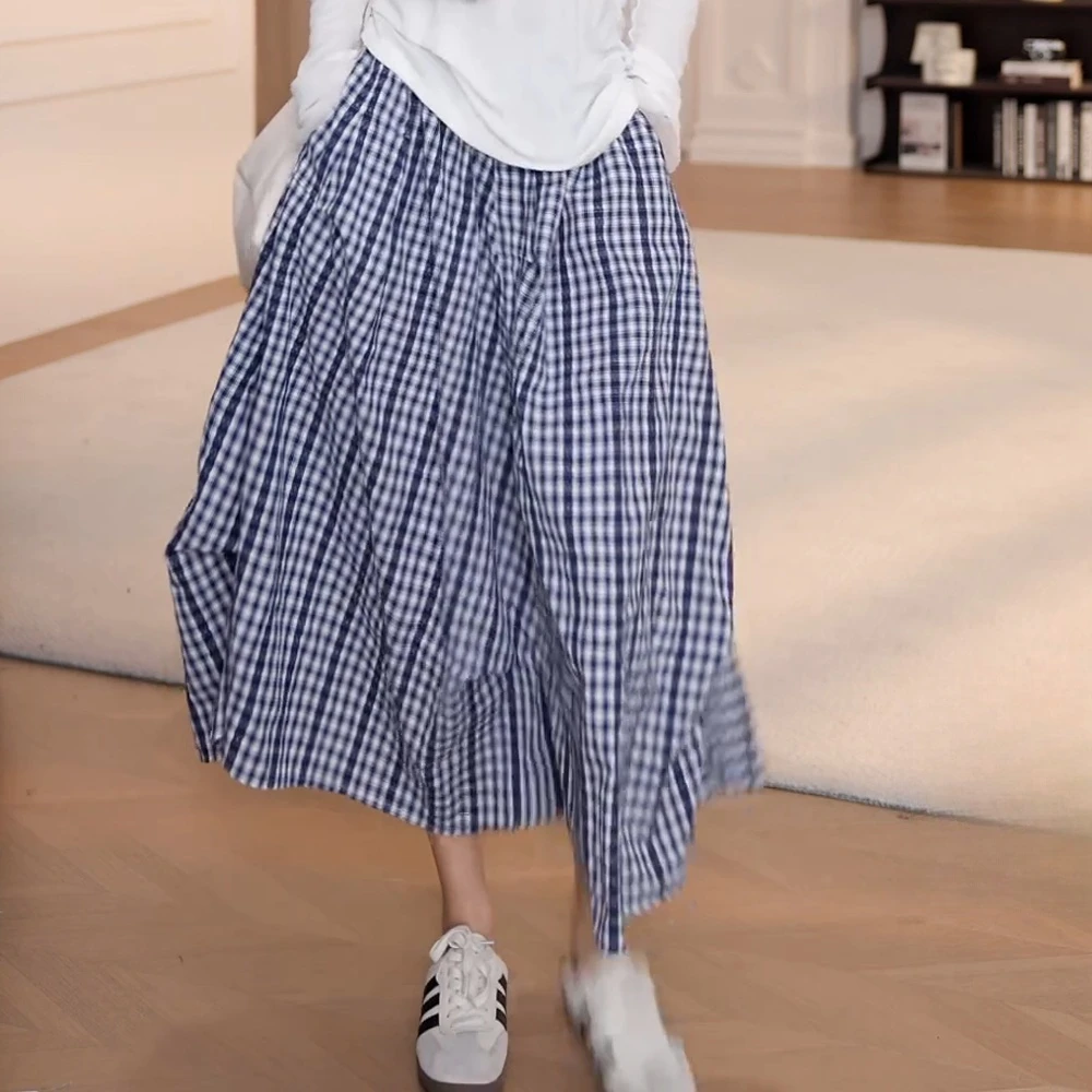 【山间经纬】显瘦气质松紧腰蕾丝不规则格子半身裙中长裙长裙裙子