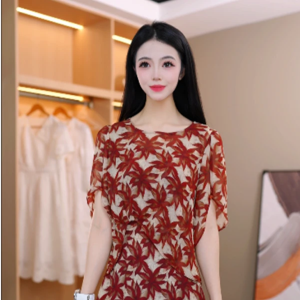 大气百搭气质减龄枫叶连衣裙两件套套装M-4XL