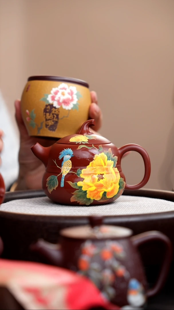 【闪购商品】紫砂茶壶大红袍葫芦壶泥绘蓝鸟+杯