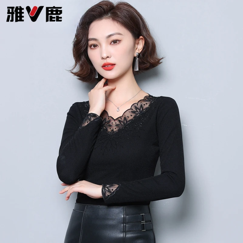 雅鹿黑色网纱t恤内搭上衣加绒打底衫2025秋冬新款爆款小衫
