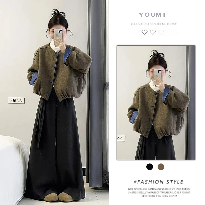 2025韩系复古撞色短外套阔腿裤子秋冬独特设计感慵懒风两件套装女