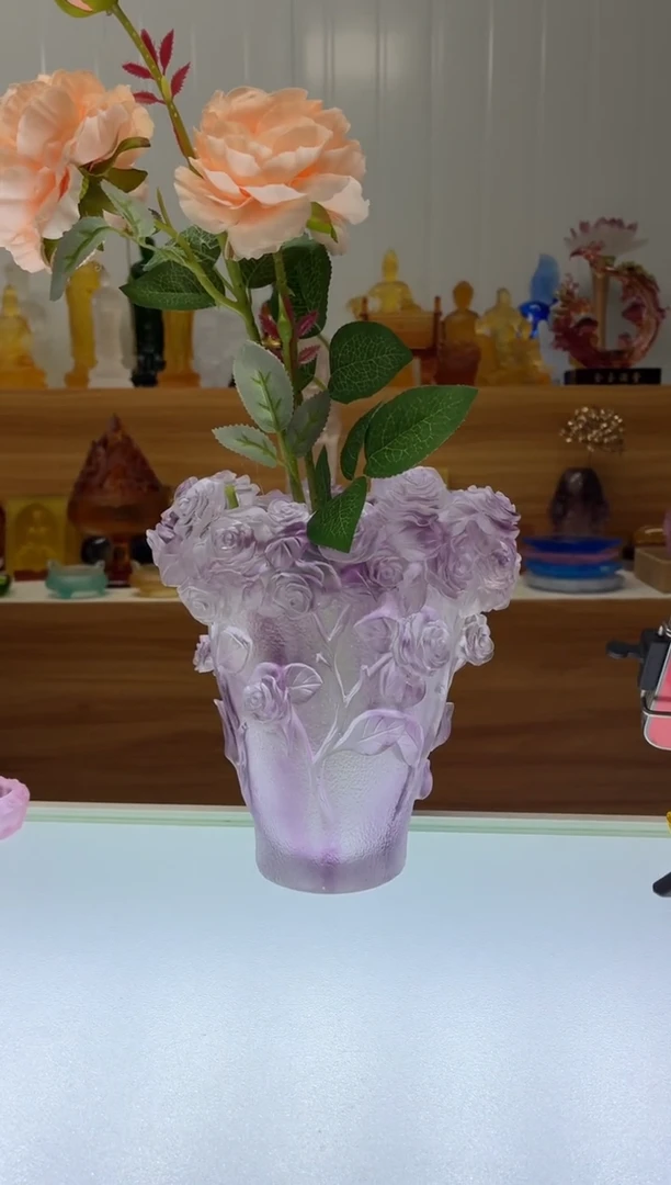琉璃手工艺品玫瑰花瓶白紫色花是道具18.5*19.5公分