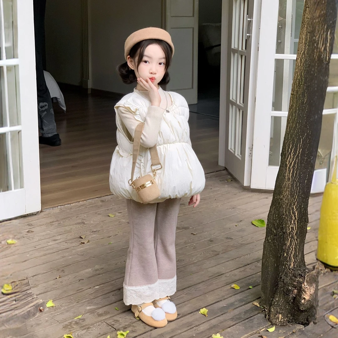 韩系女童冬季款简约百搭绗线棉马甲女宝加绒花边拼接喇叭裤