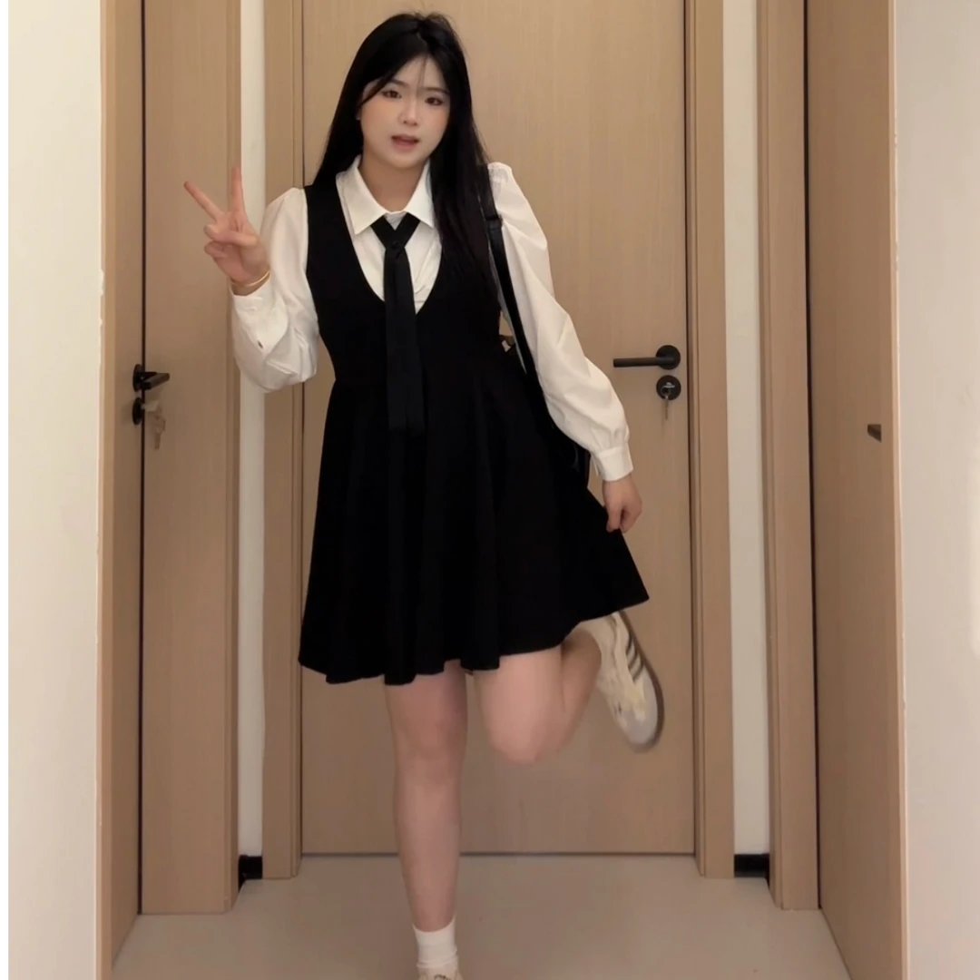 【女高体验卡】大码新款超大裙摆马甲裙衬衫两件套（送领结）