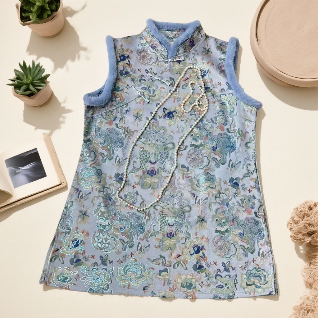 新中式国风提花无袖毛毛边旗袍加厚牛奶丝马甲裙1782