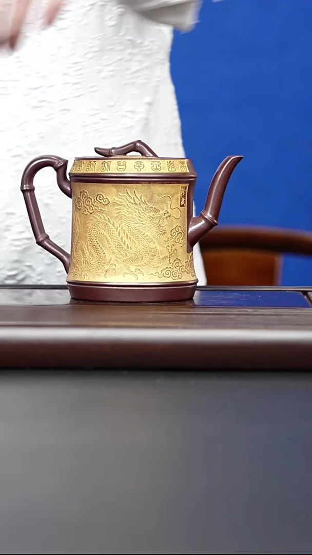茶壶紫砂宜兴紫砂 描金龙凤高竹段壶 石红 高艳 766