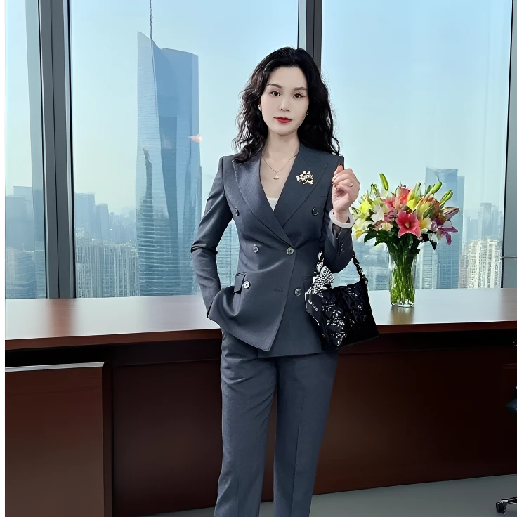 【升辉云裳】新款春夏深灰色双排扣、女神范高端女总裁霸气职业装