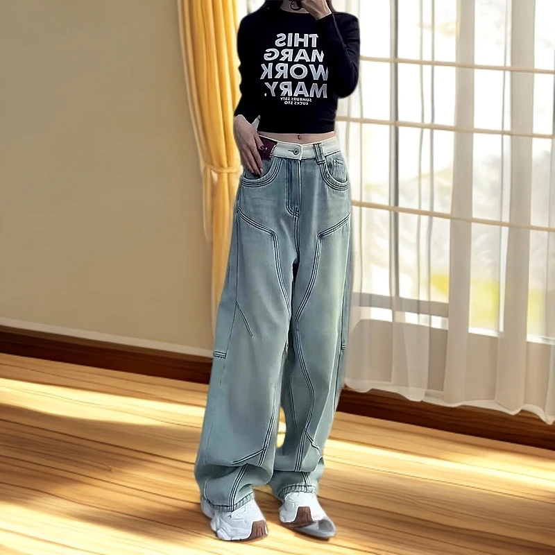 美式复古直筒牛仔裤女春季新款大码胖mm腰头拼接设计感阔腿弯刀裤