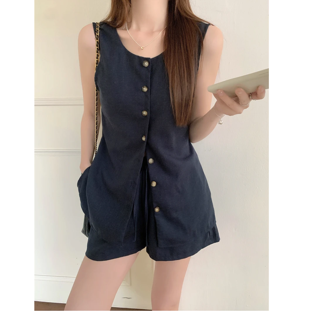 2025夏季新款慵懒单排扣无袖马甲短裤两件套套装