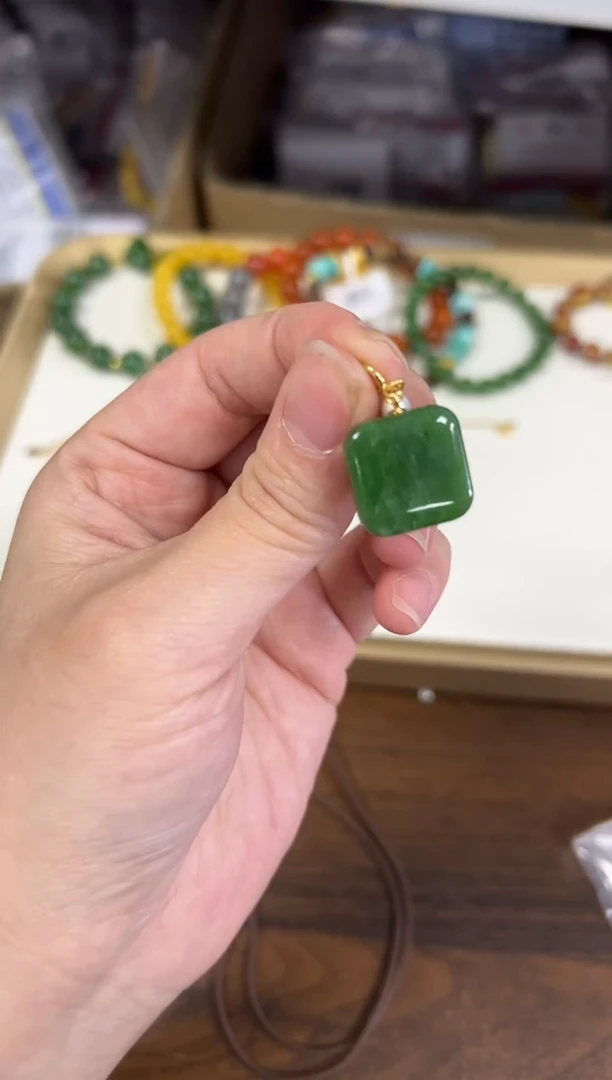 项链银S925镶嵌和田玉和田玉碧玉小方牌银吊坠[6195]