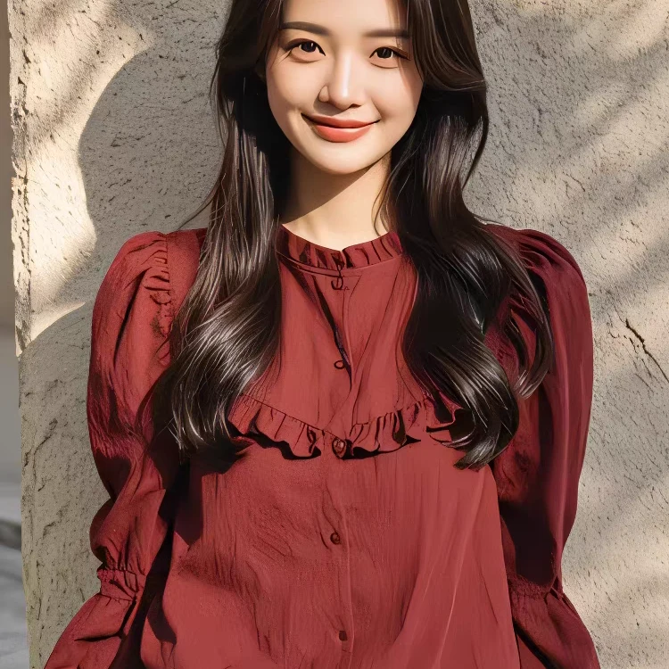 早春新款安可拉红荷叶边上衣女通勤穿搭法式衬衫奢华高端气质小衫