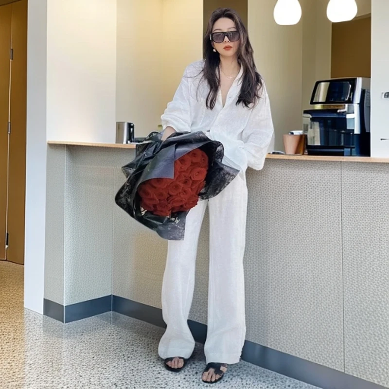 白色衬衫套装女2025夏装新款时尚高级感气质休闲防晒衣长裤两件套