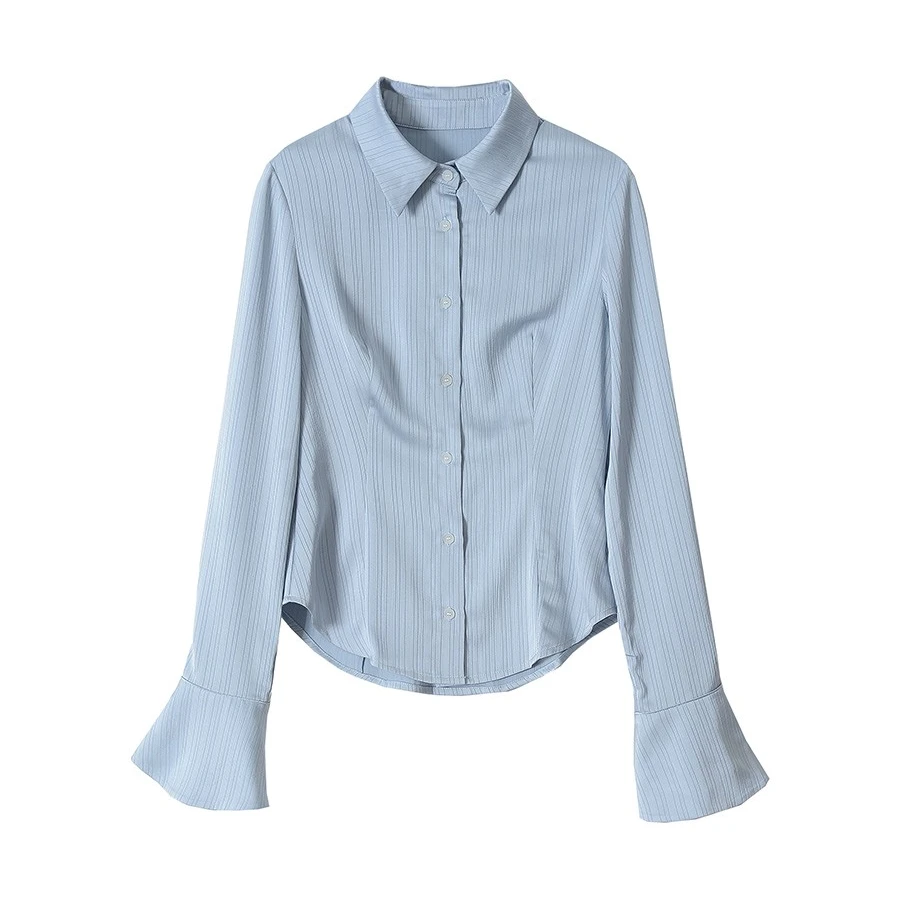 〈纪朵研〉1238浅蓝色收腰衬衫女纯欲风长袖掐腰缎面修身衬衣