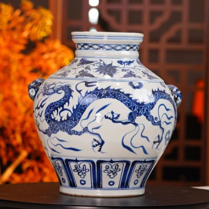 樊匠造器 仿元青花双龙兽耳罐