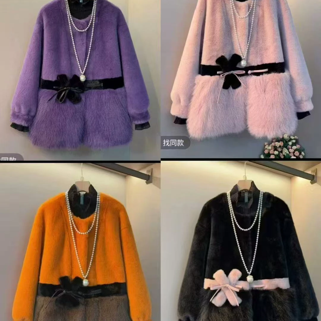 “Daying”2401拼接蝴蝶结水貂毛毛一体外套