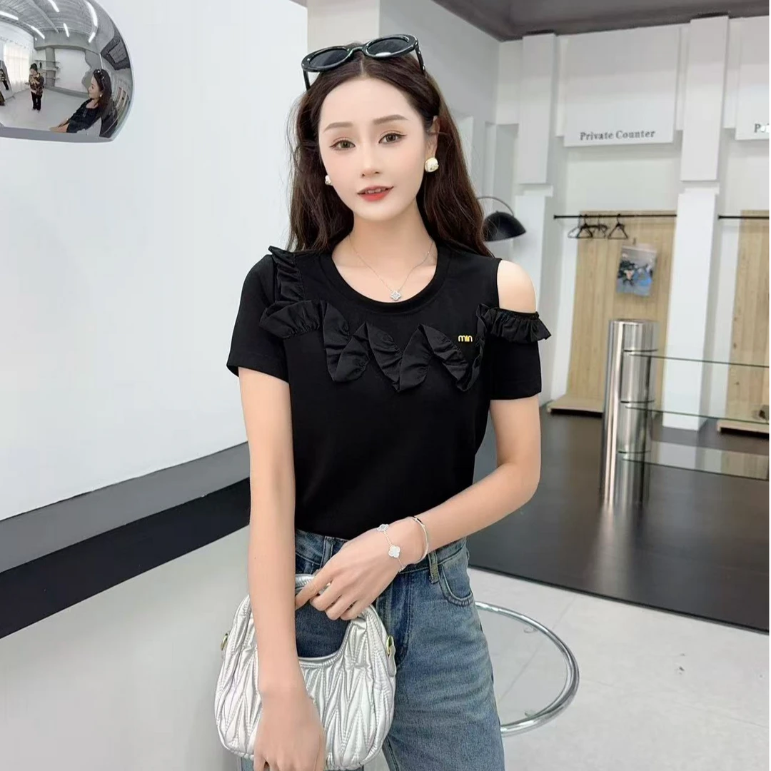 时尚韩版重工夏季女士抽褶斜领短袖圆领修身显瘦露肩拼接棉T恤