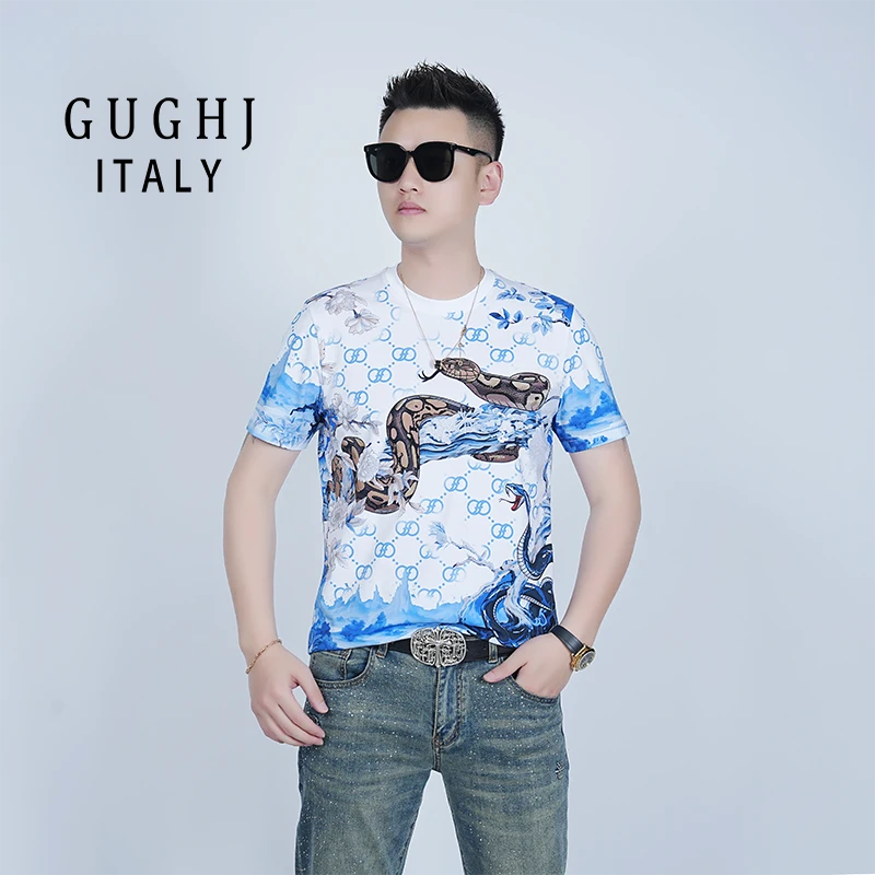 男士2025夏季新款欧货重工印花烫钻短袖t恤时尚修身百搭休闲半袖