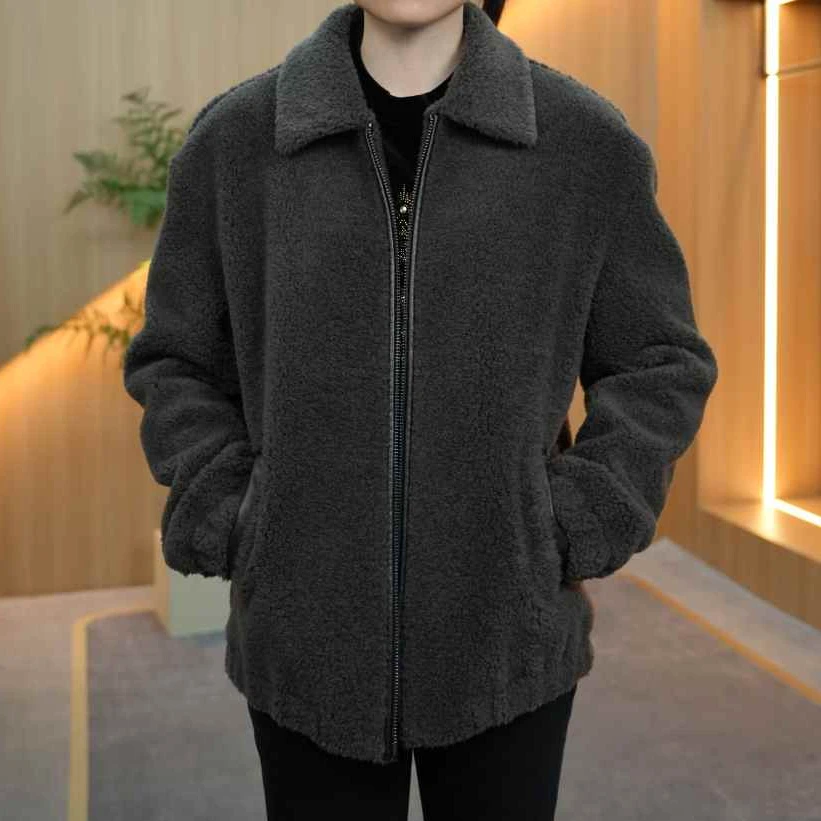 秋冬加绒男款保暖100％羊毛重工皮外套男士休闲毛夹克翻领修身男装