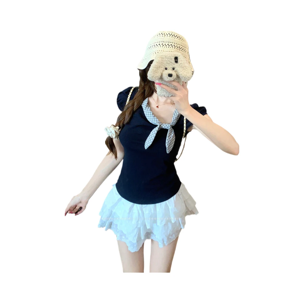 兔耳朵乖巧感短袖T恤女夏季修身正肩体恤上衣显瘦夏季百搭时尚显