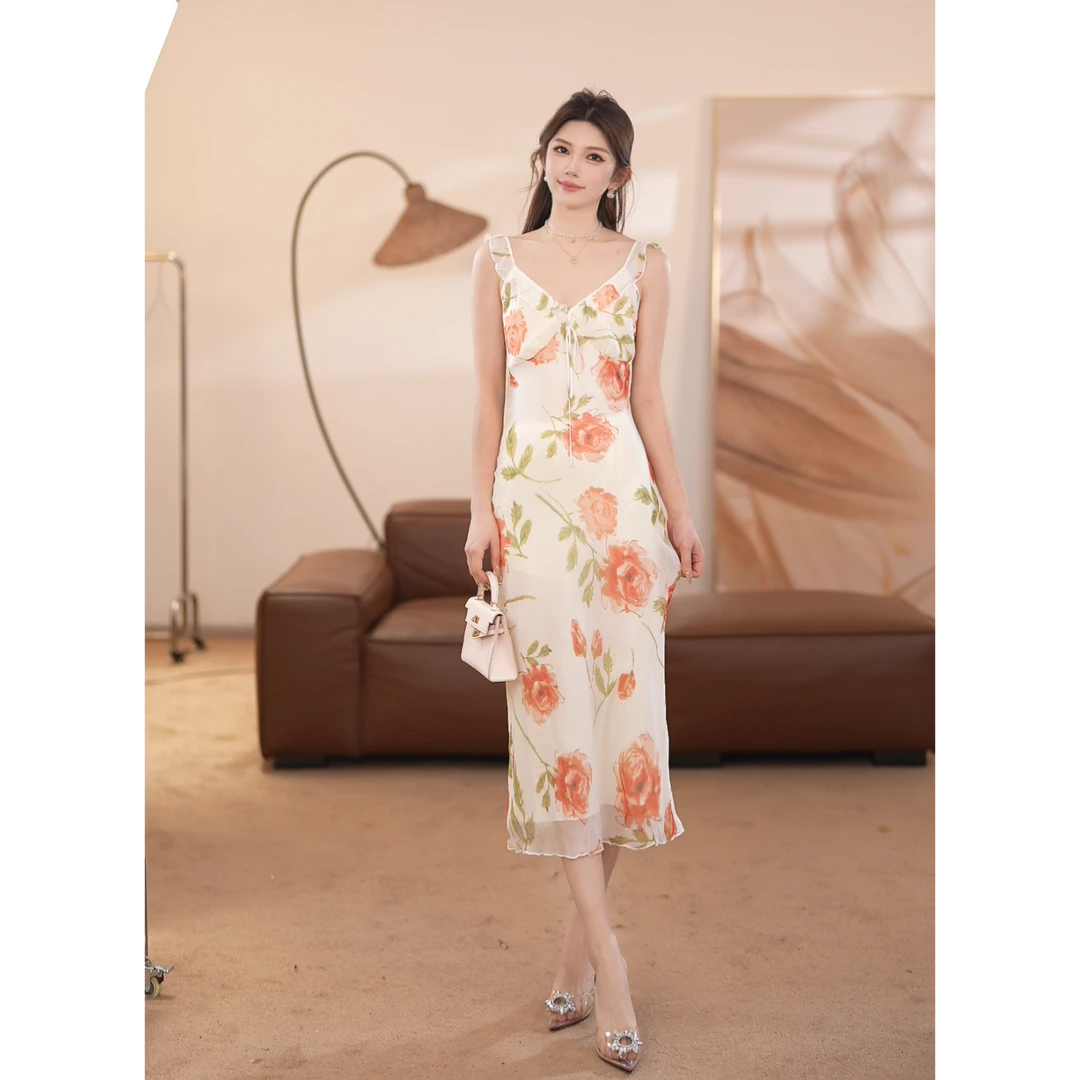 【王芯柔】法式衣裙甜美浪漫荷叶印花V领中长裙SY8939
