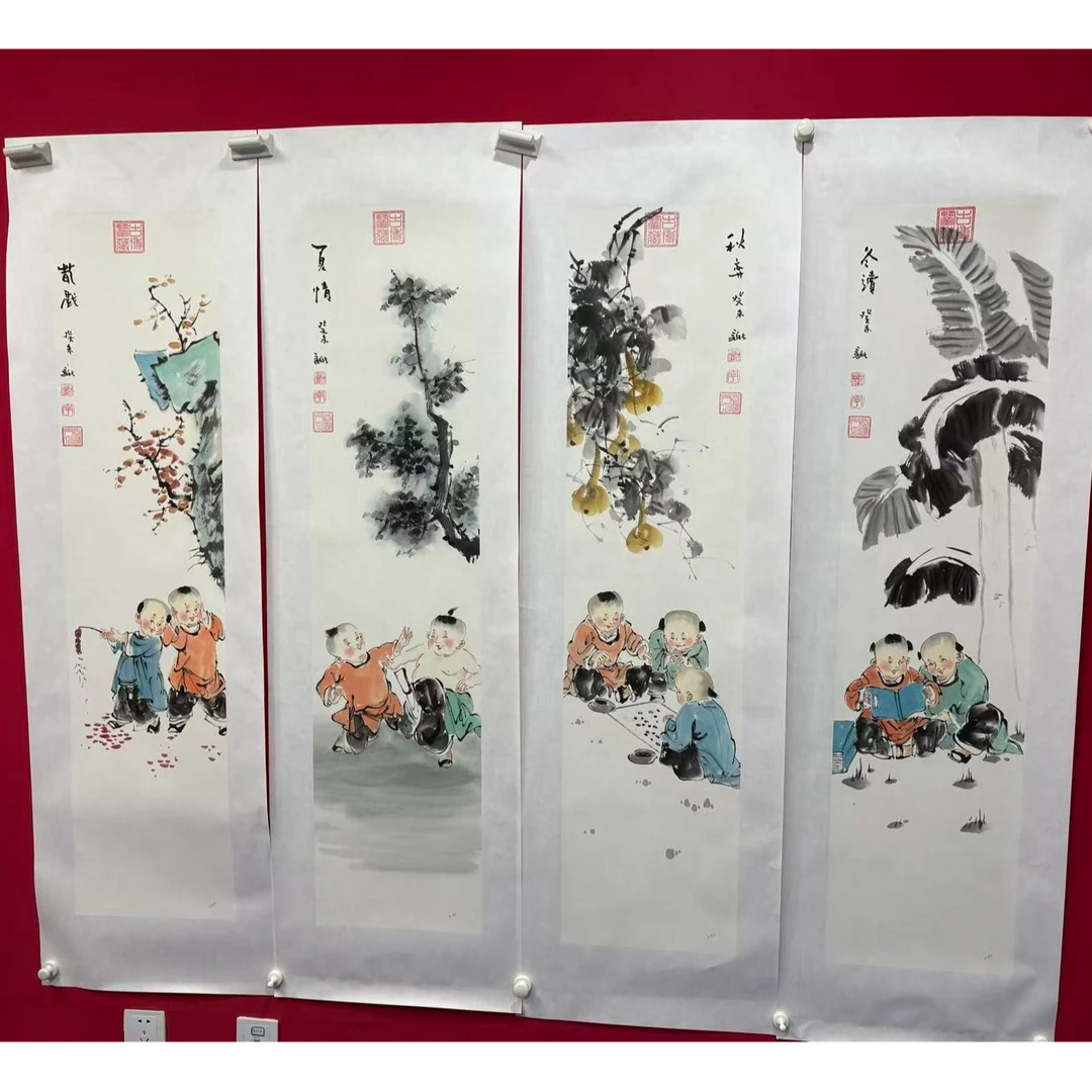 李新社手绘宣纸人物四条屏-人物画