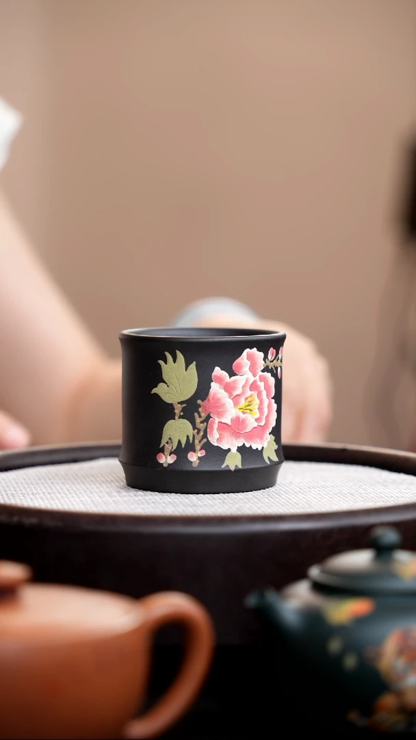 茶壶紫砂黑色竹节牡丹杯