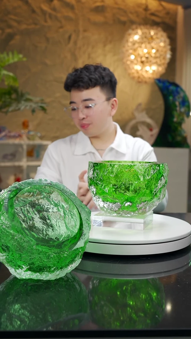 手工艺品琉璃绿色冰川纹聚宝盆