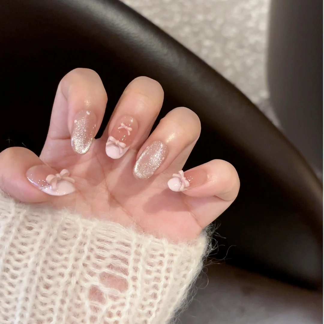 【芭蕾少女】温柔波点气质蝴蝶结皮粉色法式玻璃珠猫眼纯手工穿戴甲