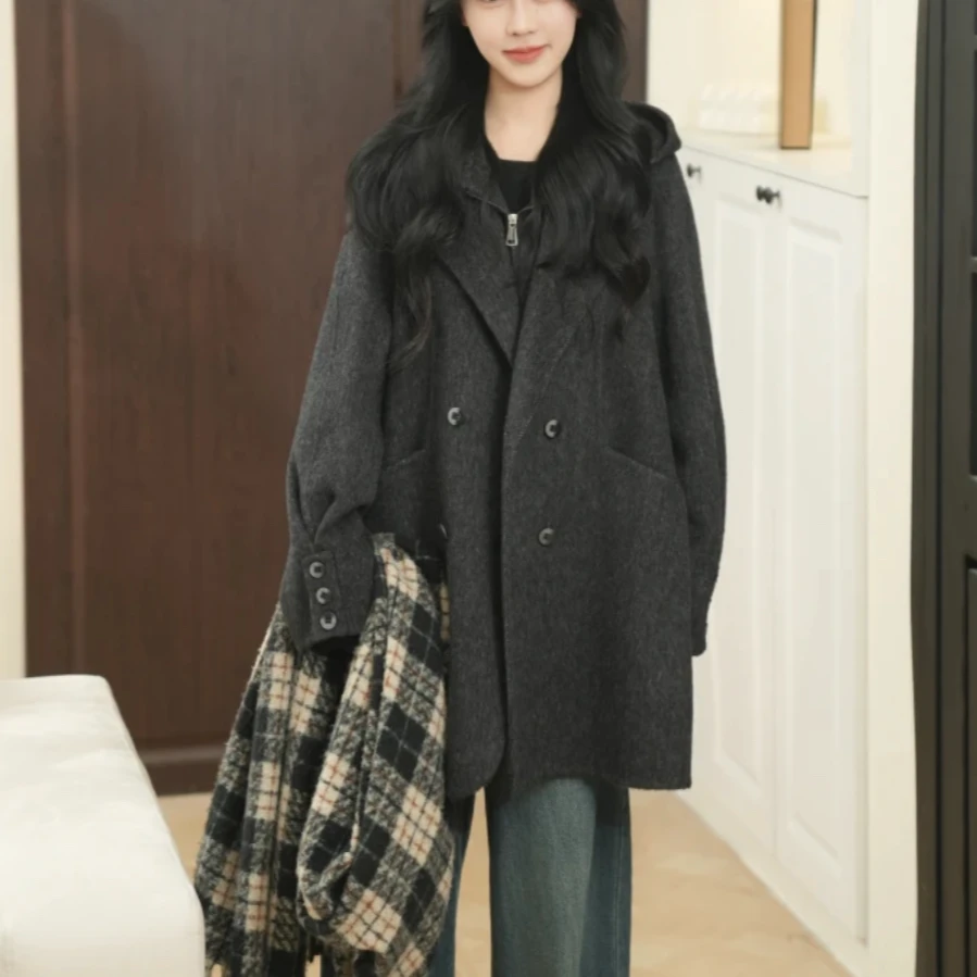 颖颖轻奢双面羊毛大衣连帽中长款宽松慵懒韩系百搭女装秋冬新款