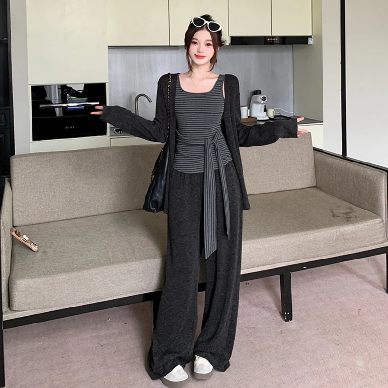 MZ080大码秋装新款韩版条纹绑带背心长袖开衫阔腿裤三件套