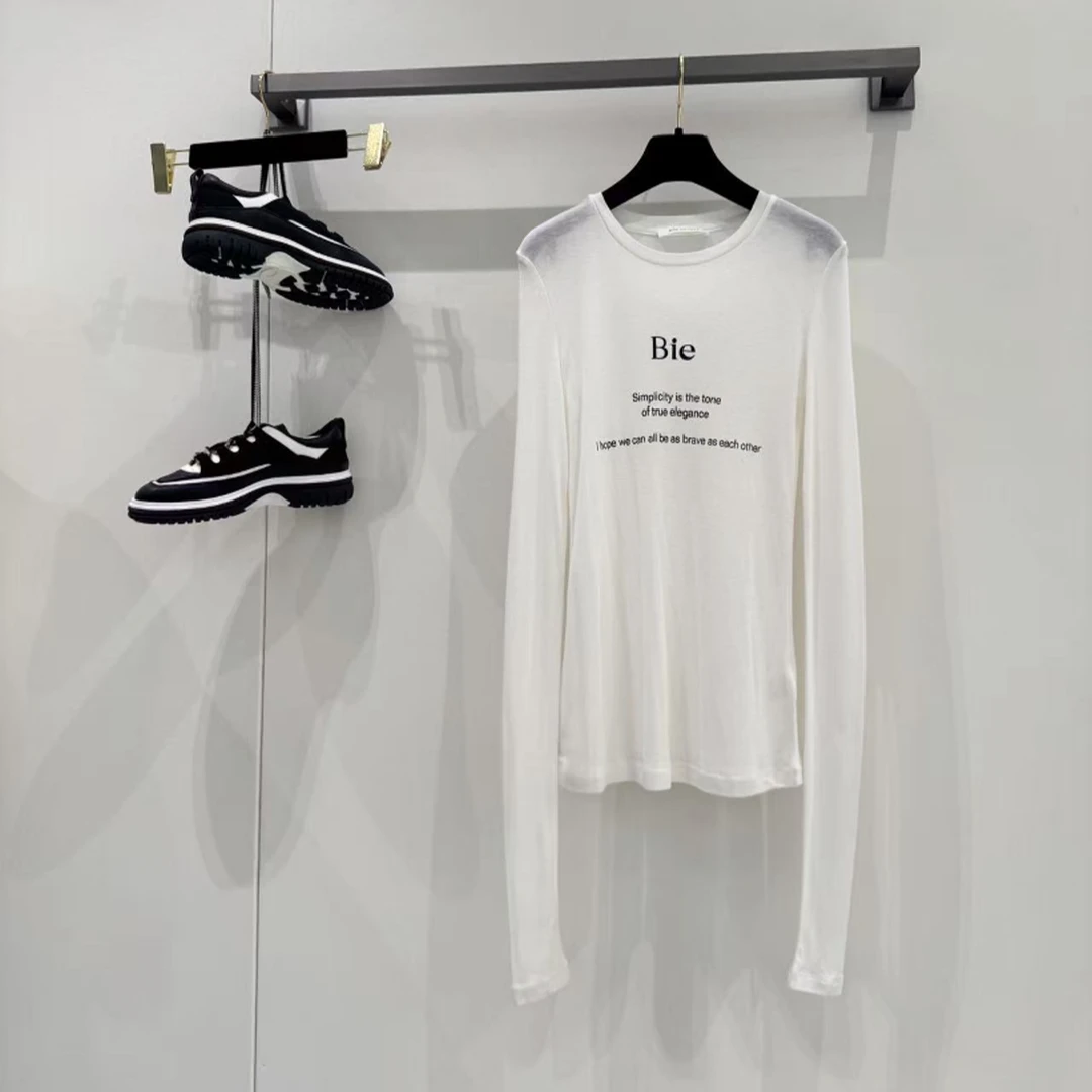 Bie字母薄长袖白T恤