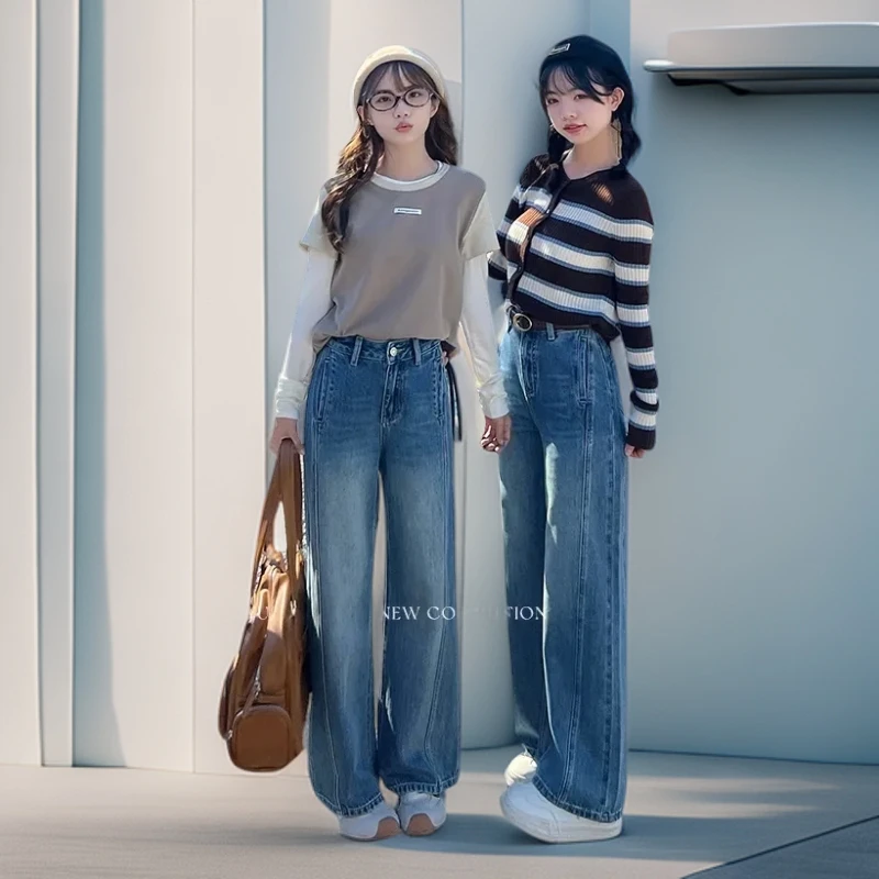 2025女秋季小个子阔腿牛仔裤高腰秋季休闲时尚直筒裤显瘦百搭