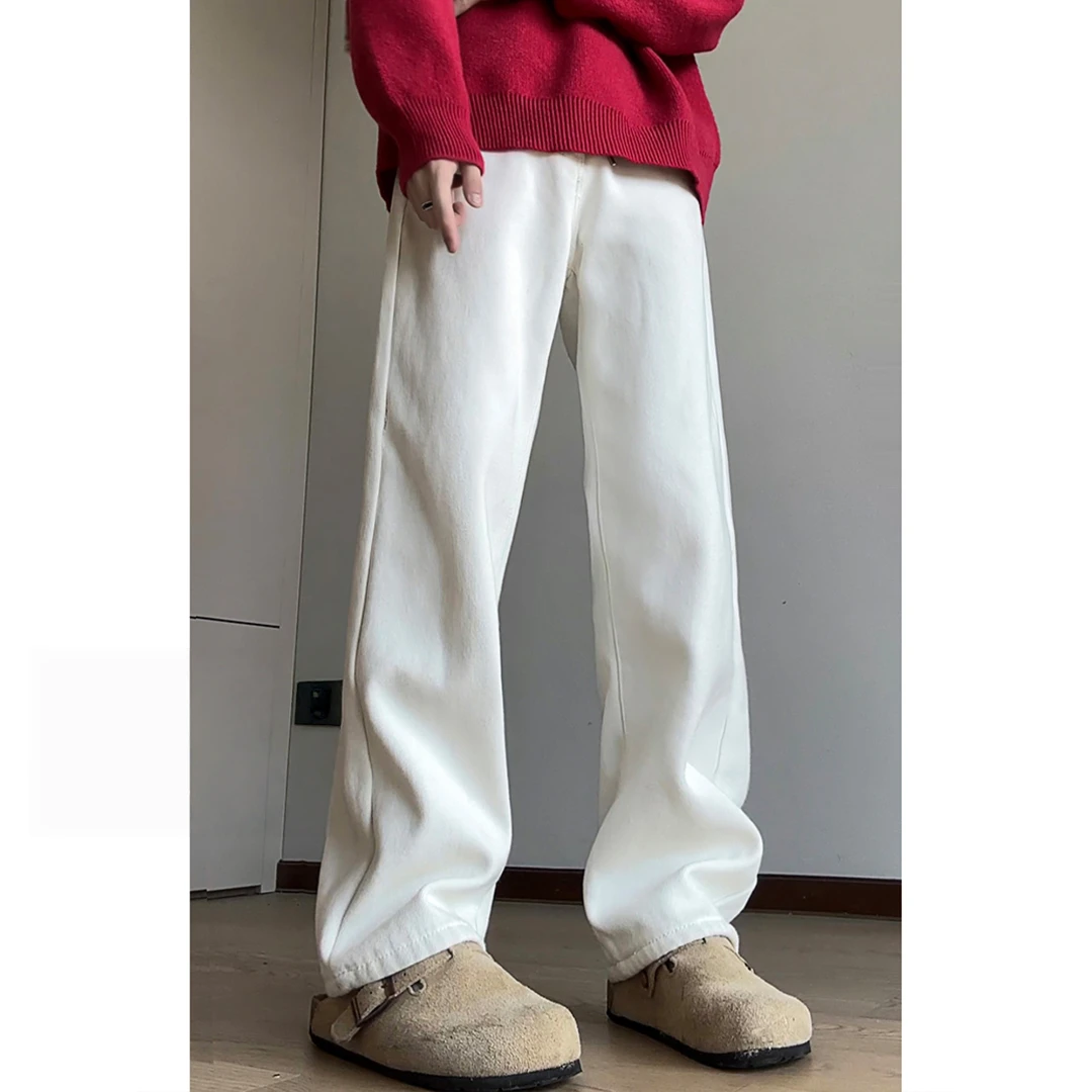 秋季新款休闲直筒牛仔裤显瘦宽松潮流百搭纯色情侣水洗白色裤子男