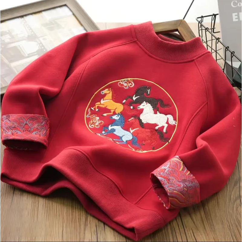 【刺绣马年】中大童马年新年拜年服加绒卫衣本命年红色上衣S9759