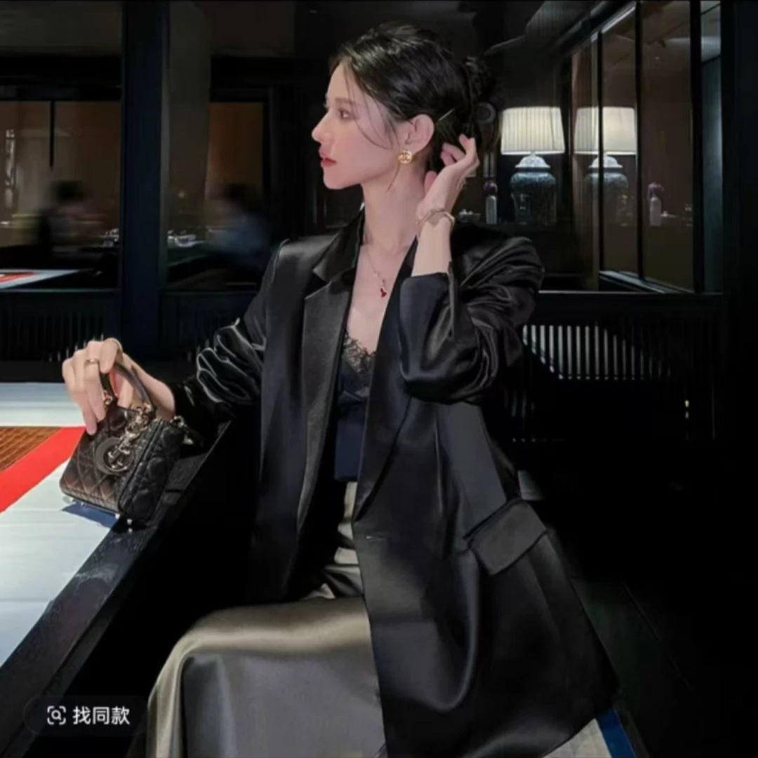 2025新款时尚韩版鎏金缎面小西装优雅气质时尚百搭