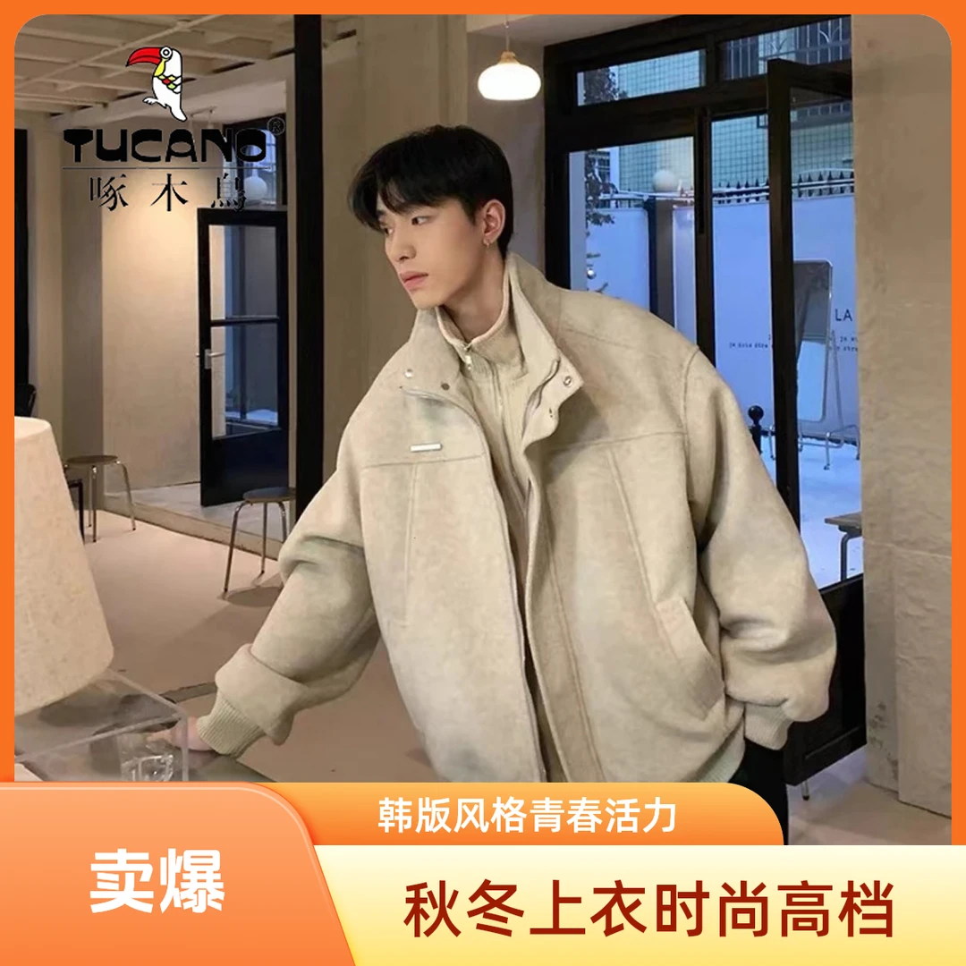 啄木鸟休闲夹克男秋冬上衣美式复古情侣宽松加厚港风高档韩版外套