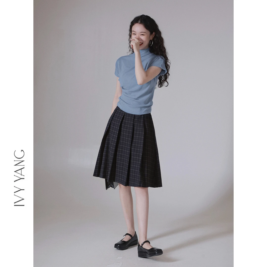 IVY YANG松紧腰格纹甜美风百褶短裙半身裙
