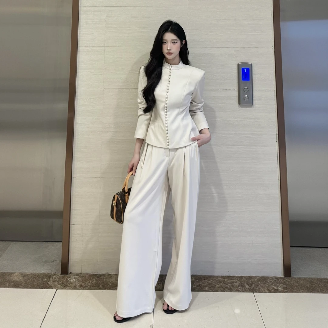 韩系简约通勤时尚套装女2025秋季新款纯色上衣中长款阔腿裤两件套
