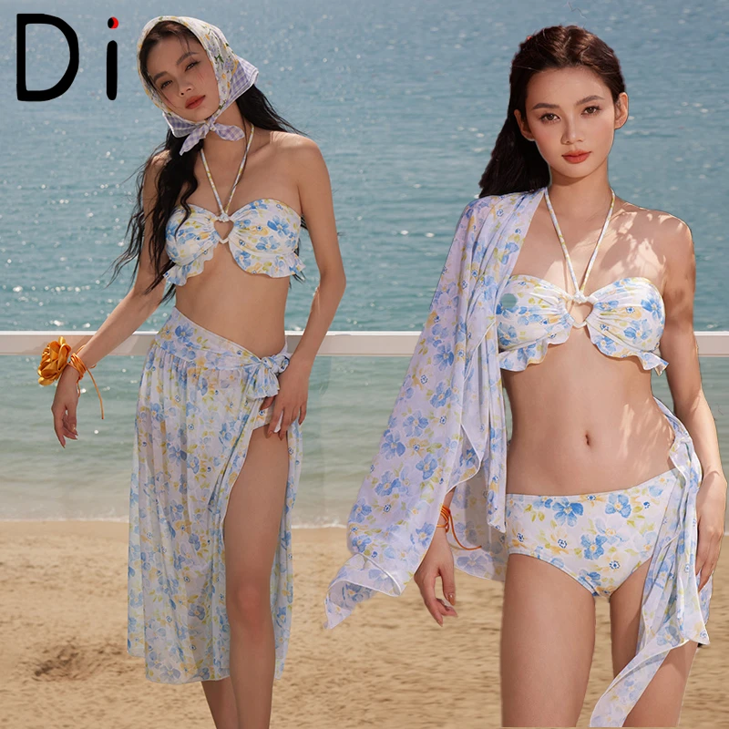 碎花比基尼分体三件套挂脖镂空性感游泳衣女夏辣妹高级感温泉度假