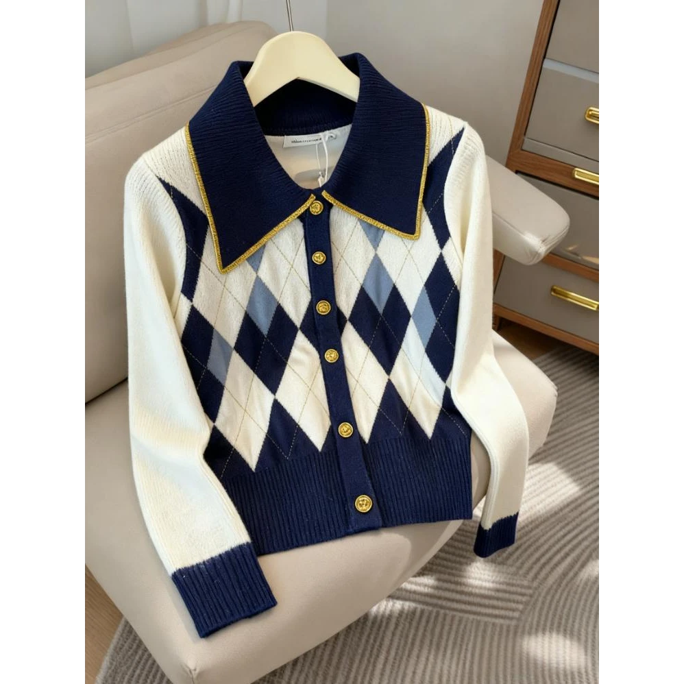 2025秋季新款网红时尚洋气气质显瘦韩版百搭长袖菱格毛衣针织衫女